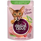 Корм влажный Delickcious Кусочки с ягнятиной куриным филе и фасолью спаржевой в желе для взрослых кошек 85г