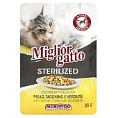 Корм влажный Miglior Gatto с курицей, индейкой и овощами для стерилизованных кошек 85г