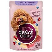 Корм влажный Delickcious Хлопья с ягнятиной и лесными ягодами в сливочном соусе для взрослых собак 80г