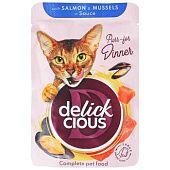 Корм влажный Delickcious с лососем и мидиями для кошек 85г